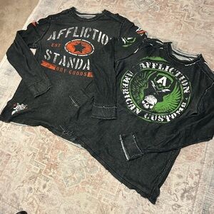 Affliction Men's Long Sleeve Graphic Tee — Black with Green & Orange Prints